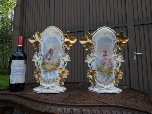 PAir antique french vieux paris porcelain hand paint Vases