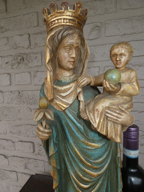 Antique french wood carved polychrome madonna child statue sculpture