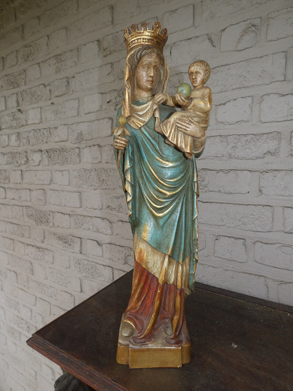 Antique french wood carved polychrome madonna child statue sculpture