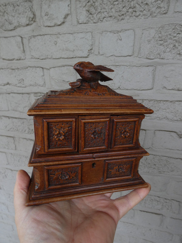 Antique black forest wood carved birds jewelry box