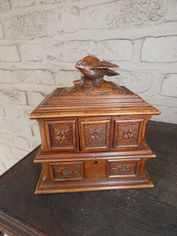 Antique black forest wood carved birds jewelry box