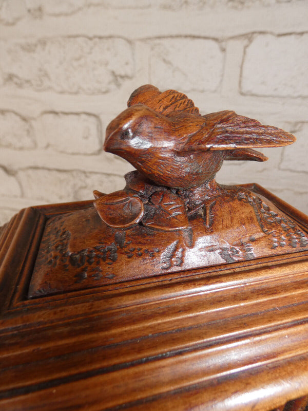 Antique black forest wood carved birds jewelry box