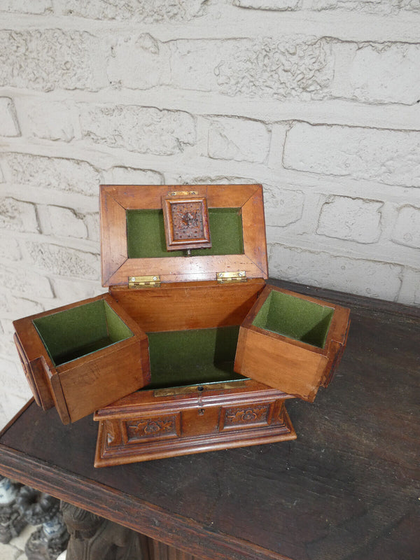 Antique black forest wood carved birds jewelry box