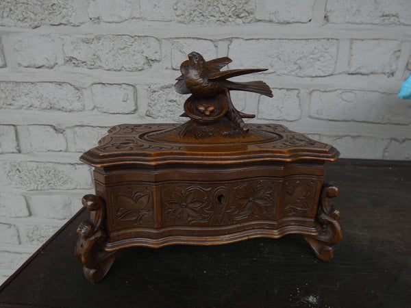 Antique black forest wood carved birds nest  jewelry box