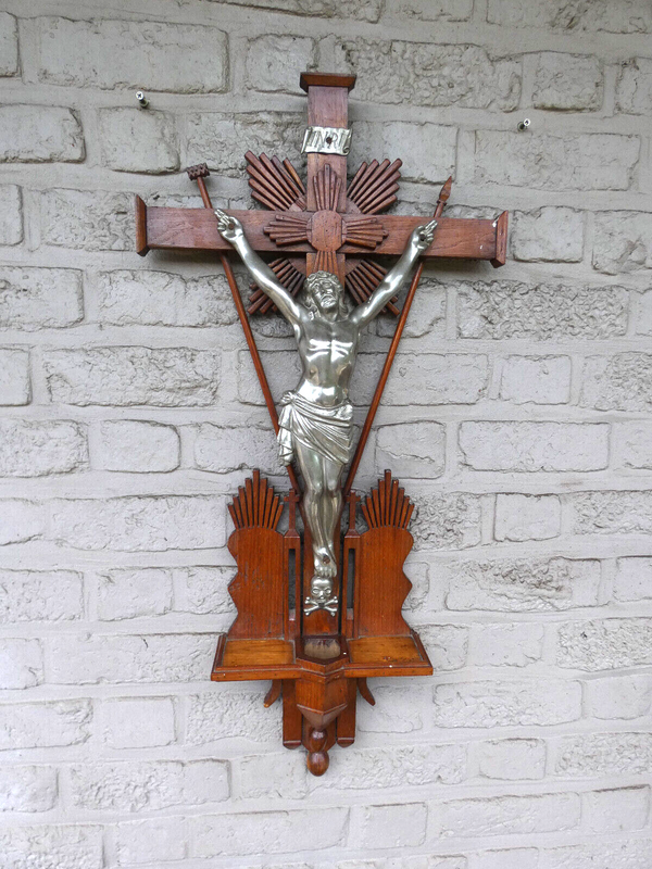 Antique XL 30"  wood carved crucifix religious holy water font rare