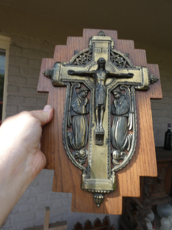 Antique Religious brass on wood wall plaque crucifix angels rare