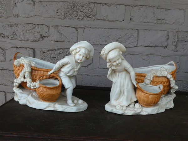 Vintage pair  1960 german planter vase figurine statue  children