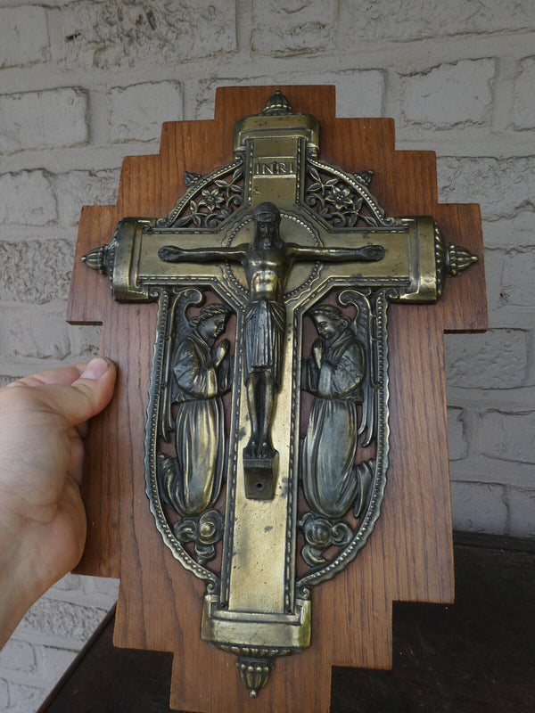 Antique Religious brass on wood wall plaque crucifix angels rare