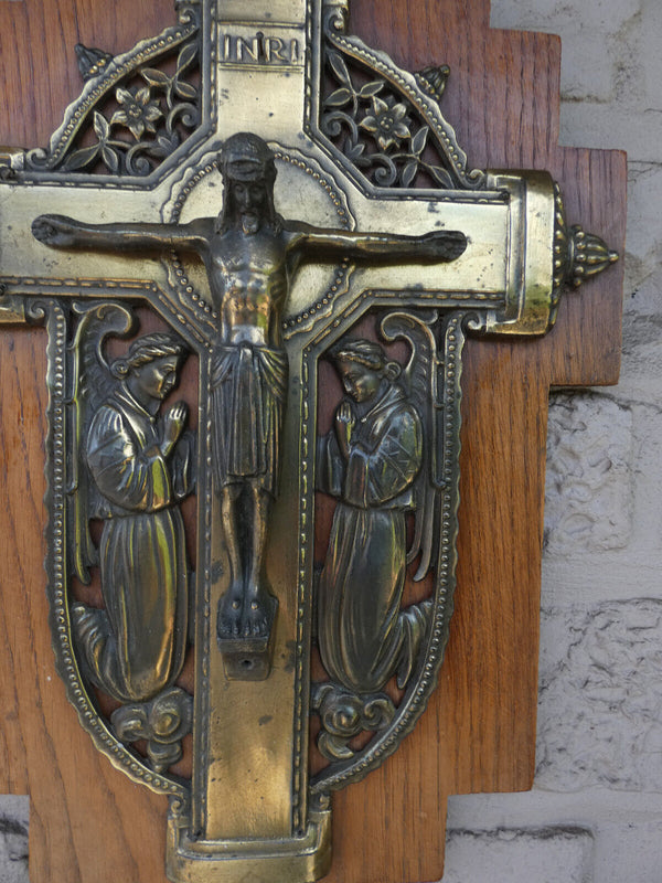 Antique Religious brass on wood wall plaque crucifix angels rare