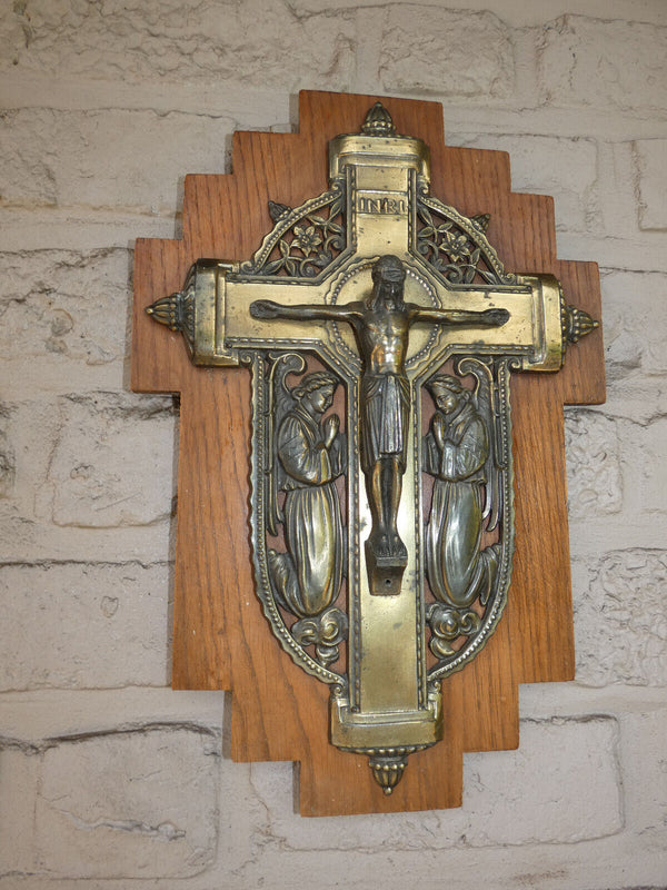 Antique Religious brass on wood wall plaque crucifix angels rare