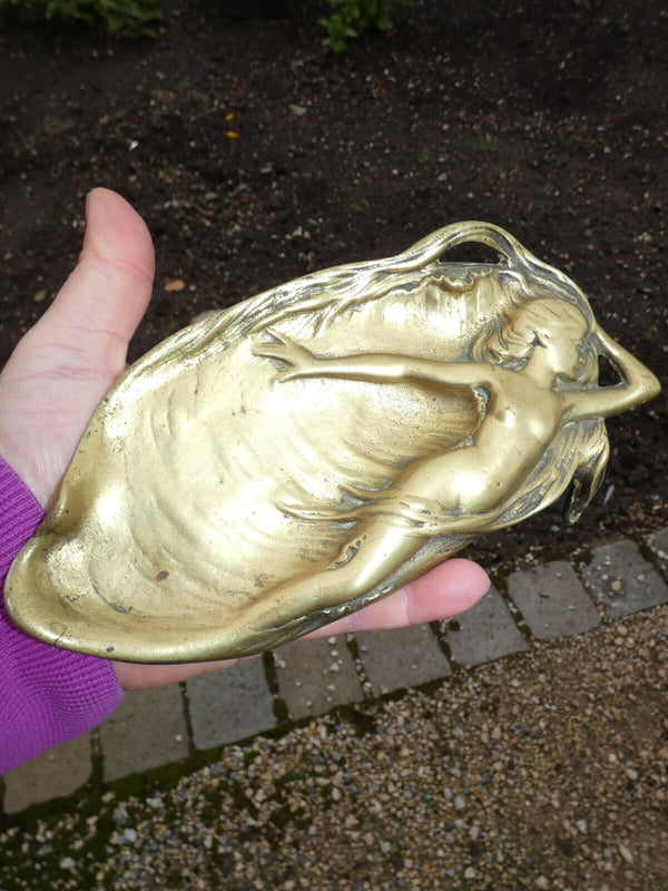 Antique ART NOUVEAU bronze tray with nude card holder vide poche