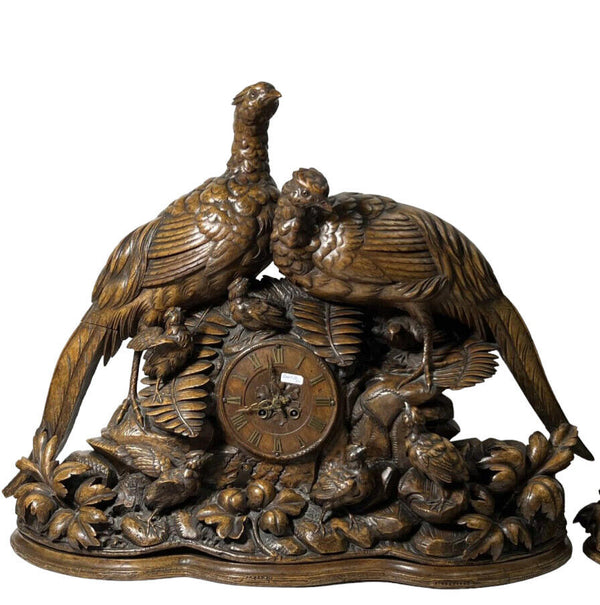 Antique XL 27.5" Black forest wood carved clock Birds family Germany rare 19thc
