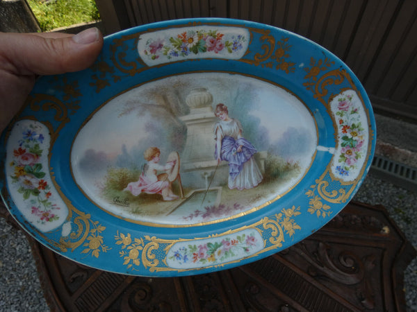 Antique Sevres porcelain hand paint Romantic putti scene plate tray