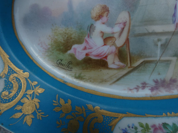 Antique Sevres porcelain hand paint Romantic putti scene plate tray