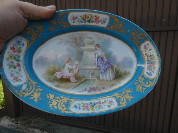 Antique Sevres porcelain hand paint Romantic putti scene plate tray