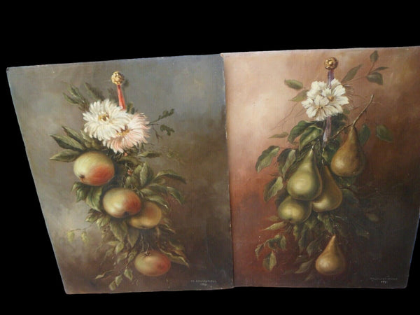 PAIR antique French oil cardboard painting still life fruits signed 1921