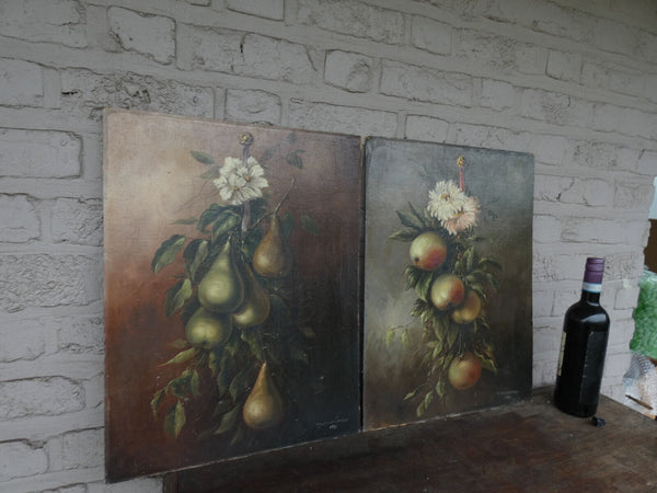 PAIR antique French oil cardboard painting still life fruits signed 1921