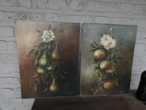 PAIR antique French oil cardboard painting still life fruits signed 1921