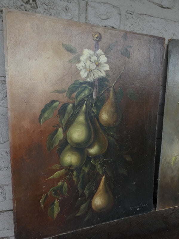 PAIR antique French oil cardboard painting still life fruits signed 1921