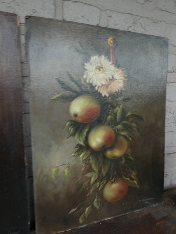 PAIR antique French oil cardboard painting still life fruits signed 1921