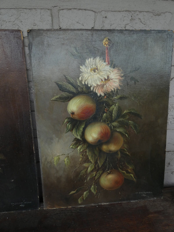 PAIR antique French oil cardboard painting still life fruits signed 1921