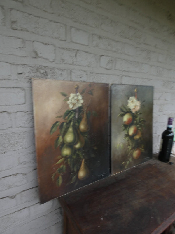 PAIR antique French oil cardboard painting still life fruits signed 1921