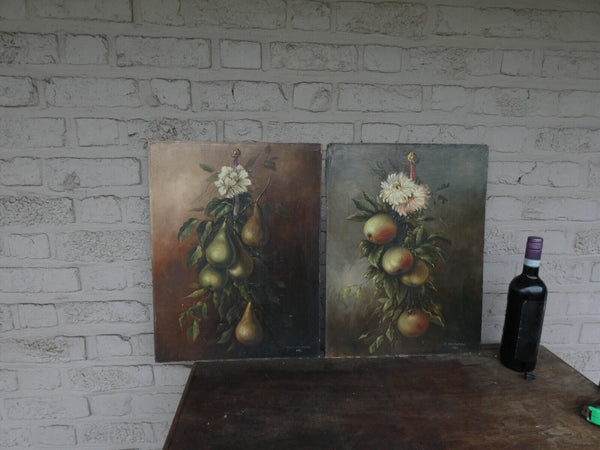 PAIR antique French oil cardboard painting still life fruits signed 1921