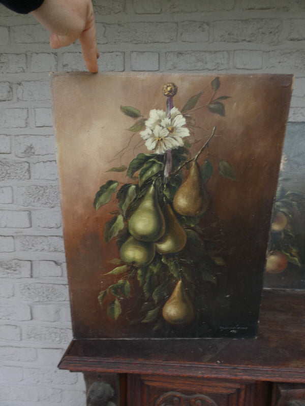 PAIR antique French oil cardboard painting still life fruits signed 1921