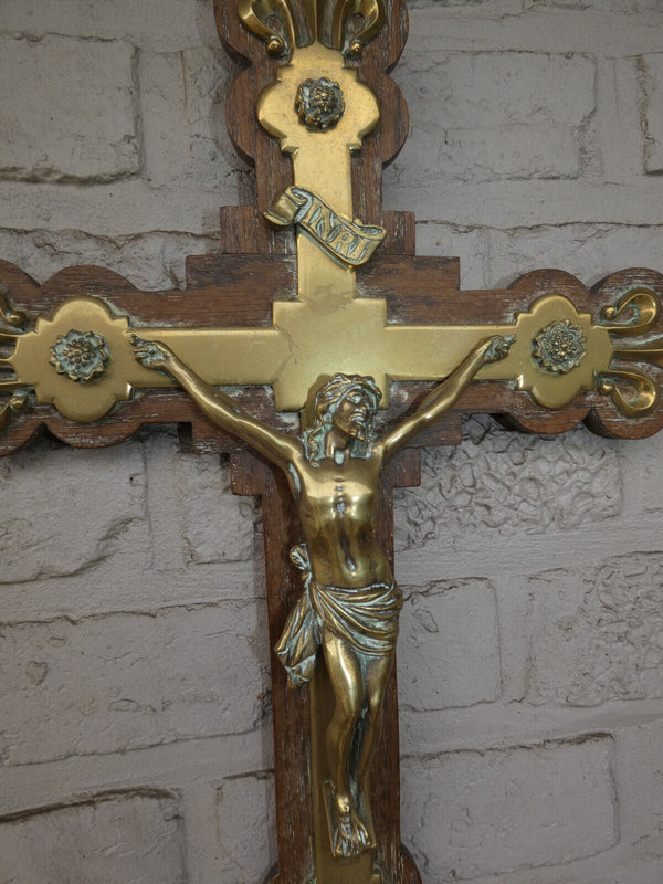 Antique Bronze wood Fleur de lys symbol Wall crucifix cross religious