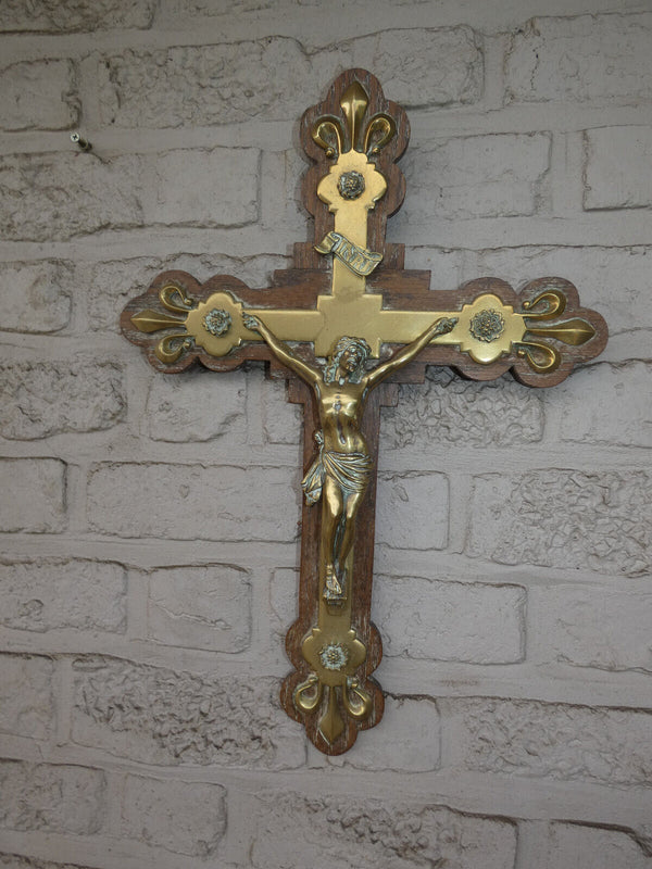 Antique Bronze wood Fleur de lys symbol Wall crucifix cross religious