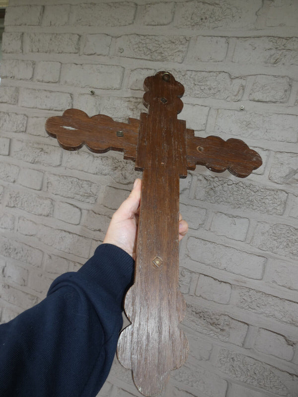 Antique Bronze wood Fleur de lys symbol Wall crucifix cross religious