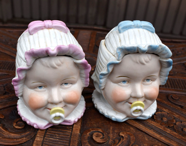 PAir antique  Baby head German  Ceramic Tobacco Jar Humidor lidded