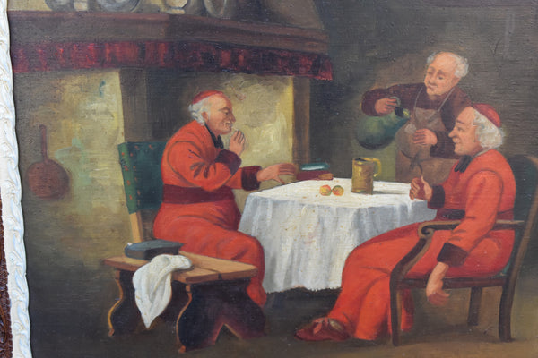 Antique oil on panel religious painting cardinals interior scene signed flemish