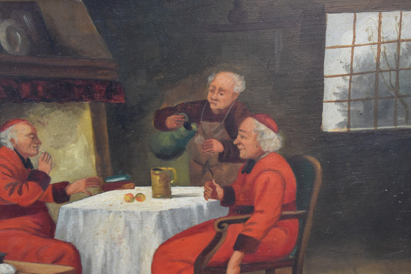 Antique oil on panel religious painting cardinals interior scene signed flemish
