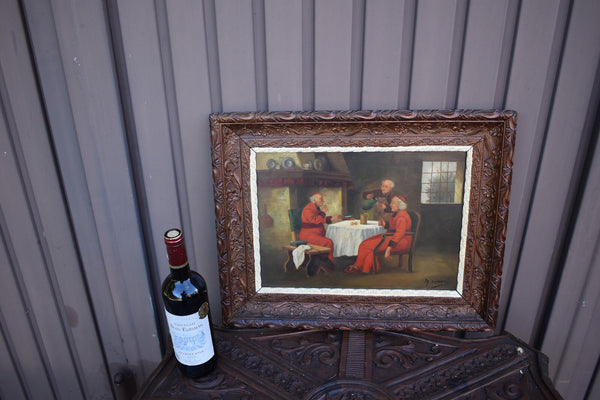 Antique oil on panel religious painting cardinals interior scene signed flemish
