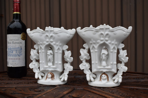 Pair antique french religious porcelain Vases niche Saint joseph mary set