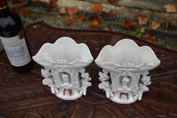 Pair antique french religious porcelain Vases niche Saint joseph mary set