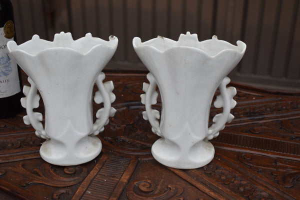 Pair antique french religious porcelain Vases niche Saint joseph mary set