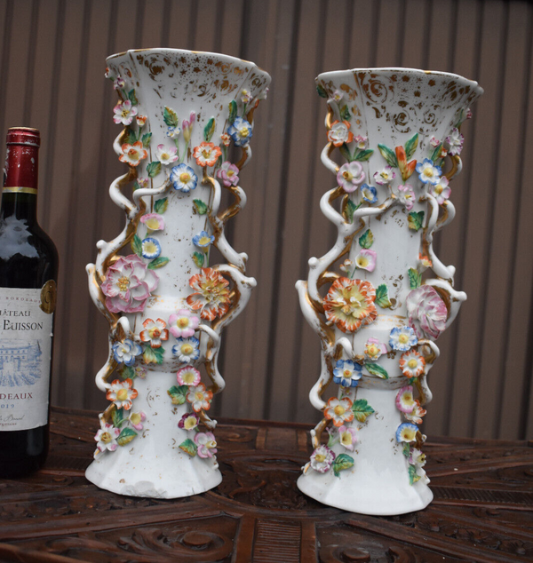 Pair antique french vieux paris porcelain relief floral decor vases