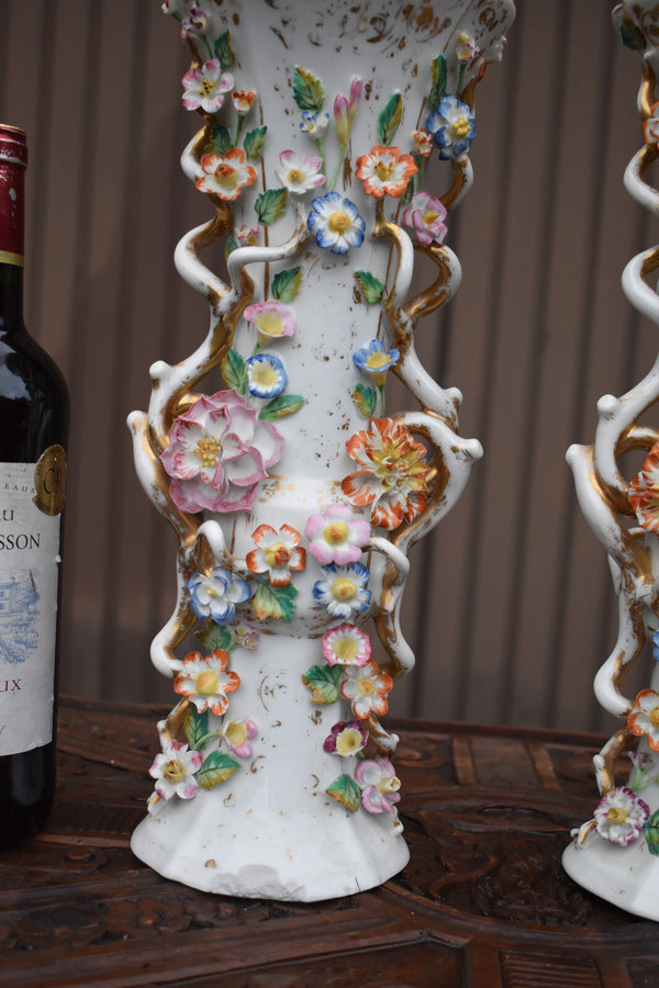 Pair antique french vieux paris porcelain relief floral decor vases
