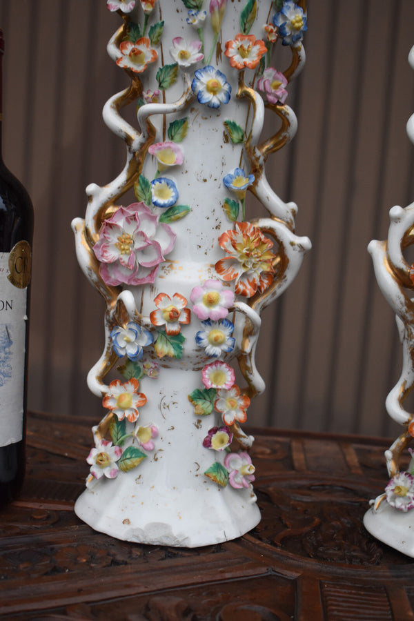 Pair antique french vieux paris porcelain relief floral decor vases