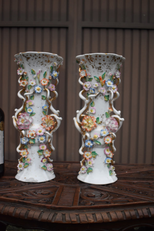 Pair antique french vieux paris porcelain relief floral decor vases