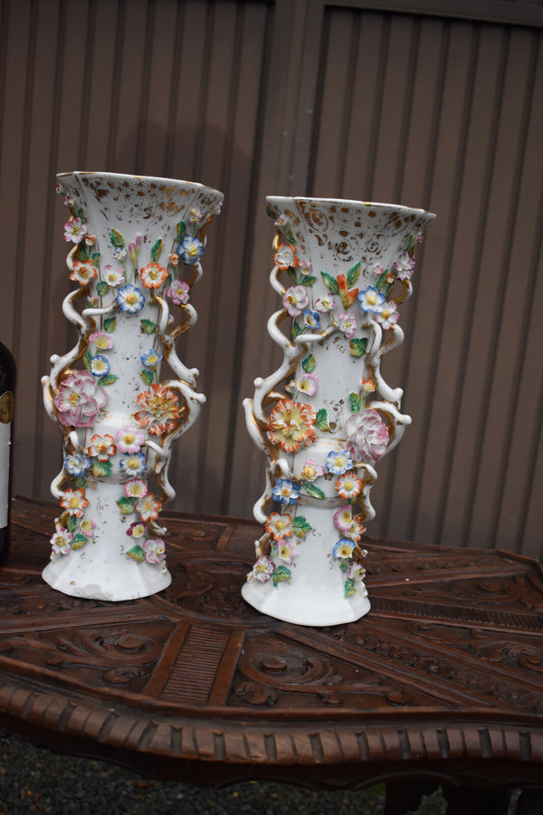 Pair antique french vieux paris porcelain relief floral decor vases