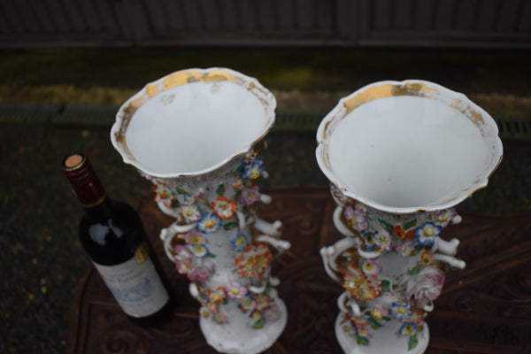 Pair antique french vieux paris porcelain relief floral decor vases