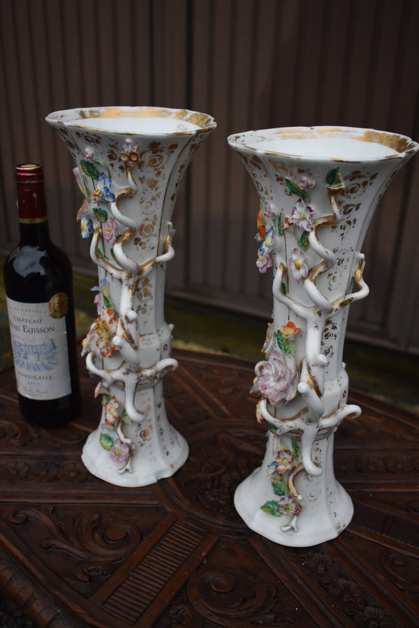 Pair antique french vieux paris porcelain relief floral decor vases