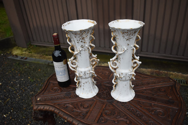 Pair antique french vieux paris porcelain relief floral decor vases