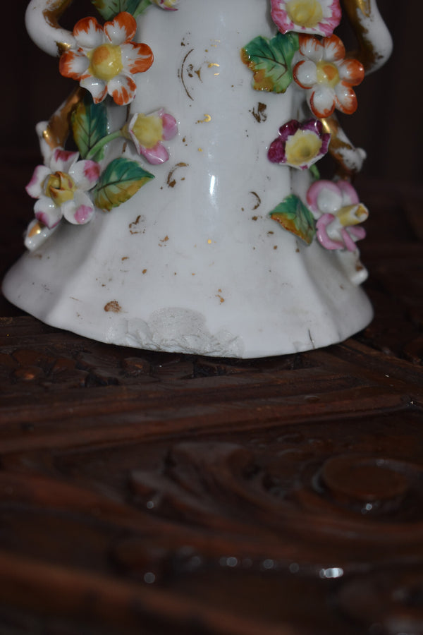 Pair antique french vieux paris porcelain relief floral decor vases