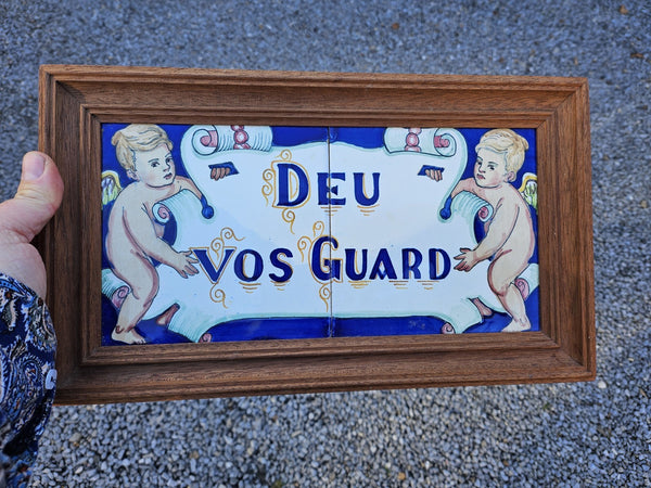 Vintage pottery tile in wood frame spanish text  God be with you angels