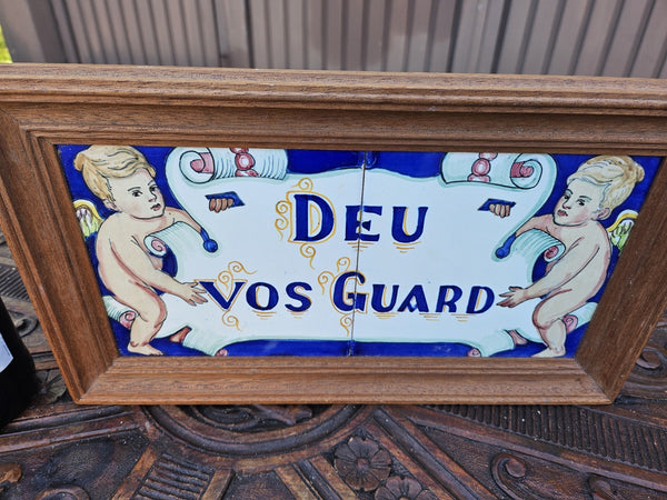 Vintage pottery tile in wood frame spanish text  God be with you angels
