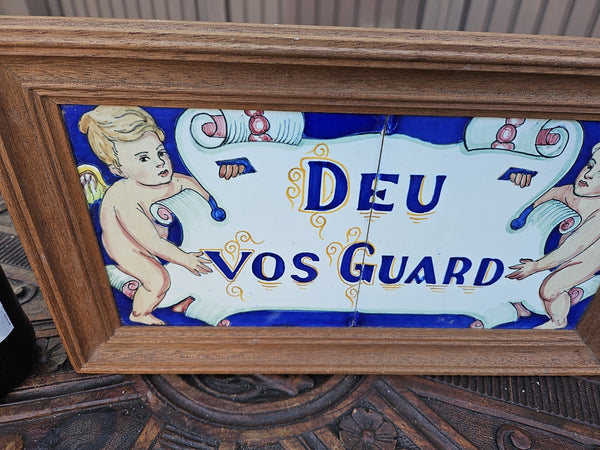 Vintage pottery tile in wood frame spanish text  God be with you angels